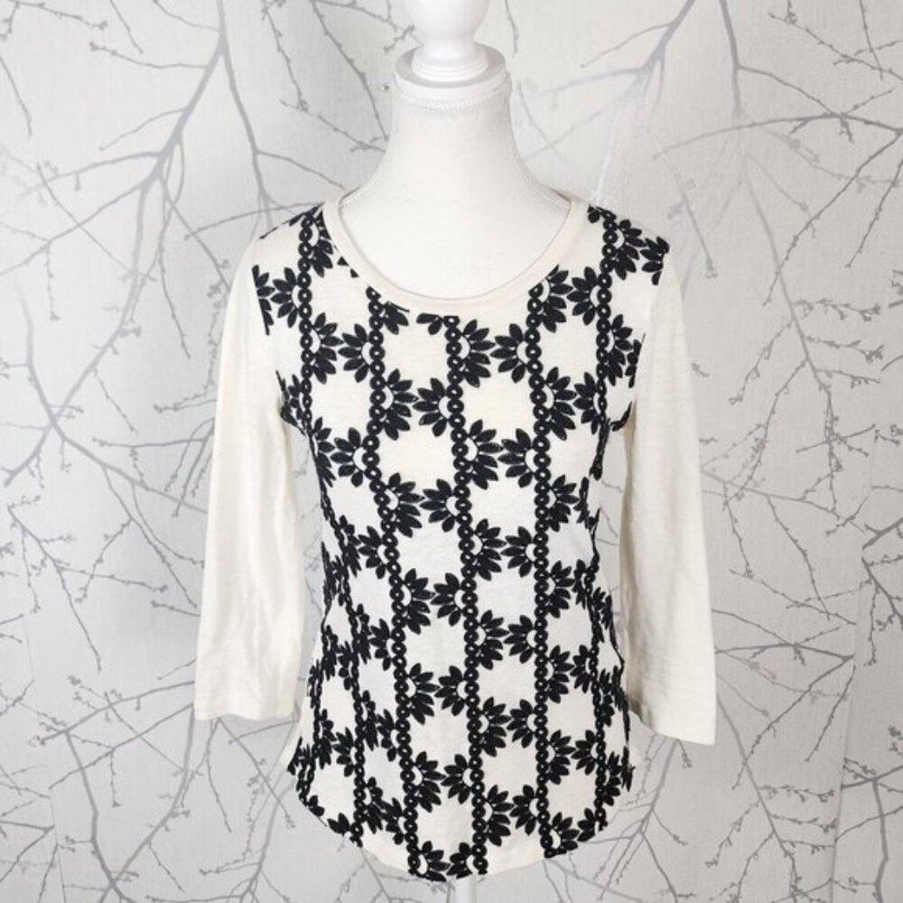 J. Crew White Black Floral Embroidered Cotton Round Neck Tee